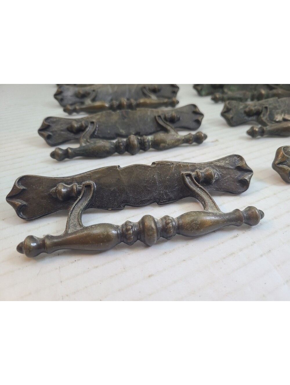 Set of 8 Vintage Cabinet Drawer Pulls Hardware Ornate Aged Bronze Heavy Patina